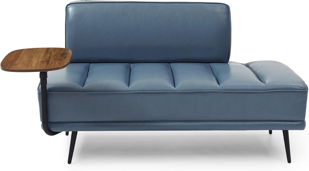 Waiting Room Bench Seating with 360-Degree Swivel Tray,Salon Reception Bench,Guest Lobby Chair,Beauty Barber Furniture,PU Upholstered Couch with Metal Legs and Backrest (PU with Tray, Grayish Blue)