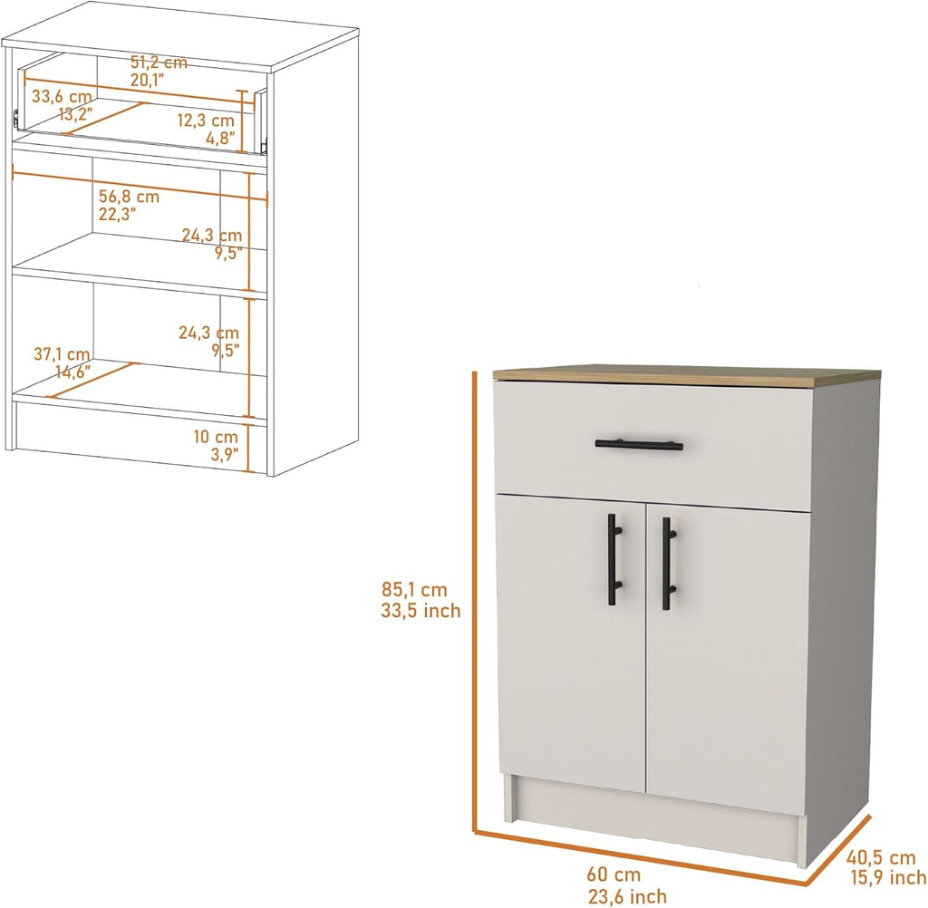 Cope Kitchen Pantry in Melamine with 2 Doors and 1 Drawer, Ivory/Natural Oak,for Kitchen