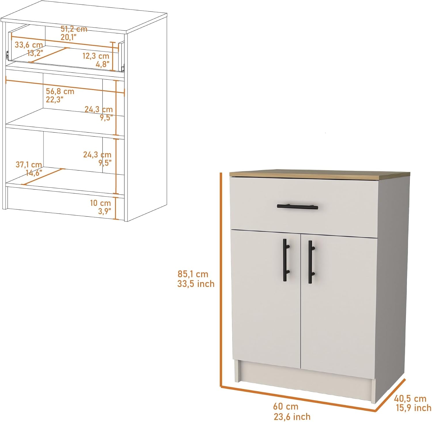 Cope Kitchen Pantry in Melamine with 2 Doors and 1 Drawer, Ivory/Natural Oak,for Kitchen