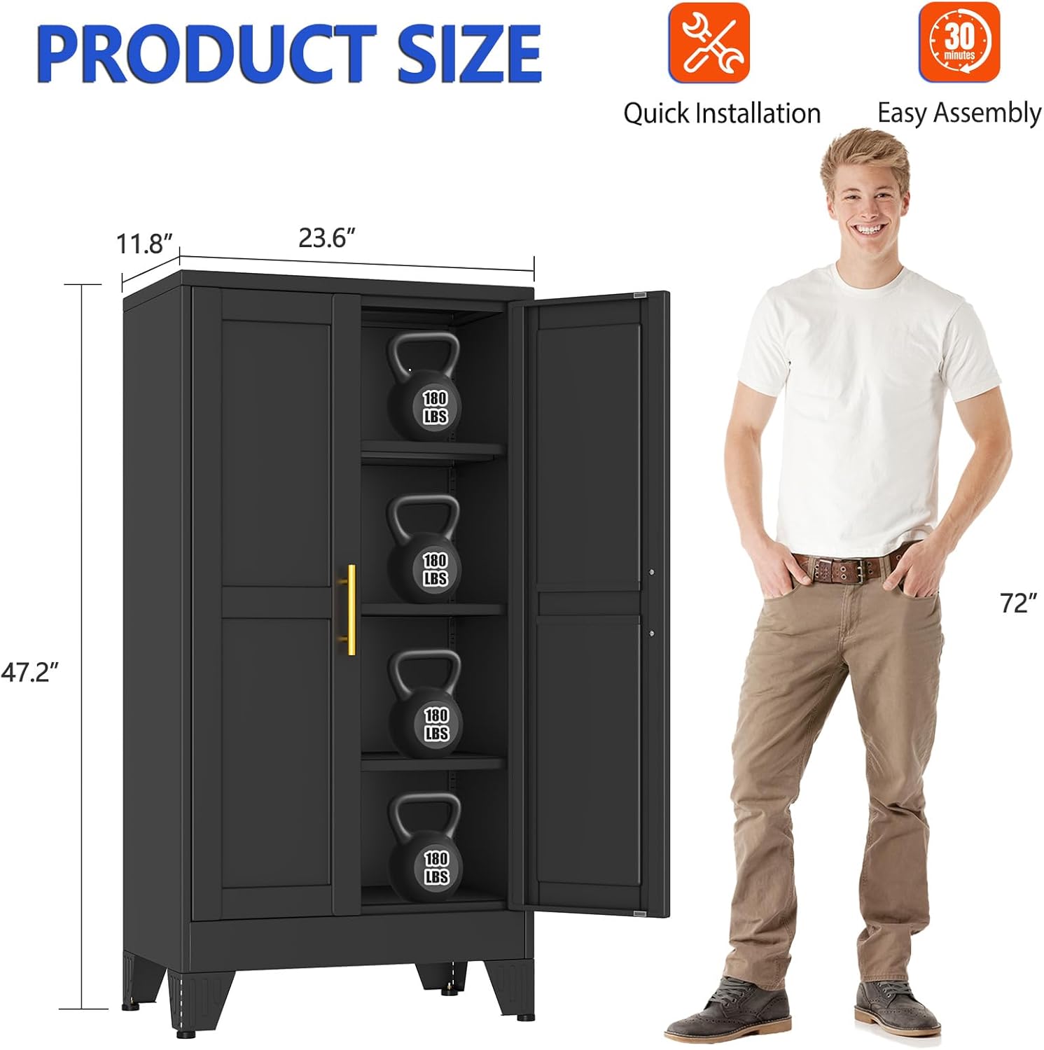 GAIOUS 47.2'' Tall Metal Garage Storage Cabinet,File Cabinet with Door and Adjustable Shelves, Outdoor Steel Tool Cabinet for Home,Office,Warehouse,Garage,Balck