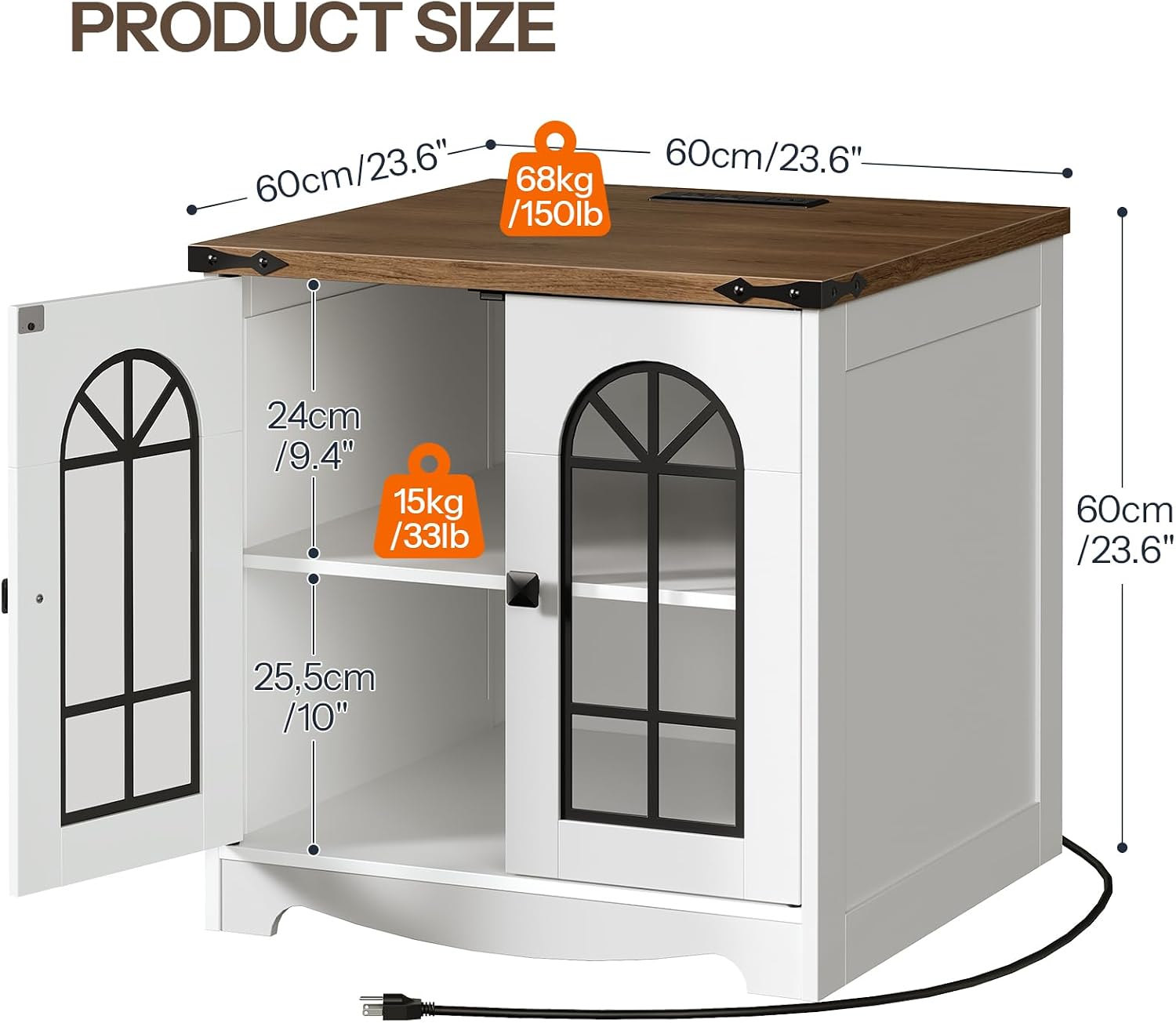 HOOBRO Farmhouse End Table, 23.6" Large Square Side Tables with Charging Station and LED Lights, Large End Table for Living Room, Wooden Nightstand with Glass Barn Door, White and Walnut WH604UDBZ01