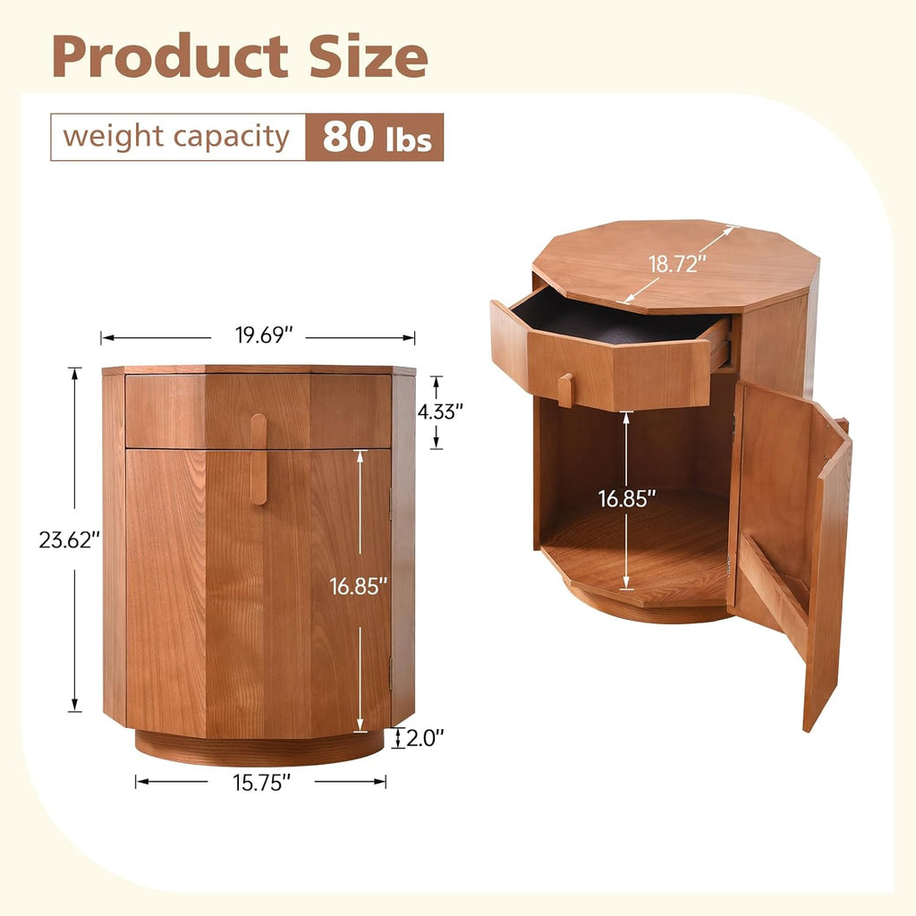 Ahokua Modern Octagonal End Table with Drawer and Cabinet, 19.7" Wide Side Table with Door Storage Rack, Modern Small Nightstand for Bedroom, Living Room or Entryway, Natural Wood