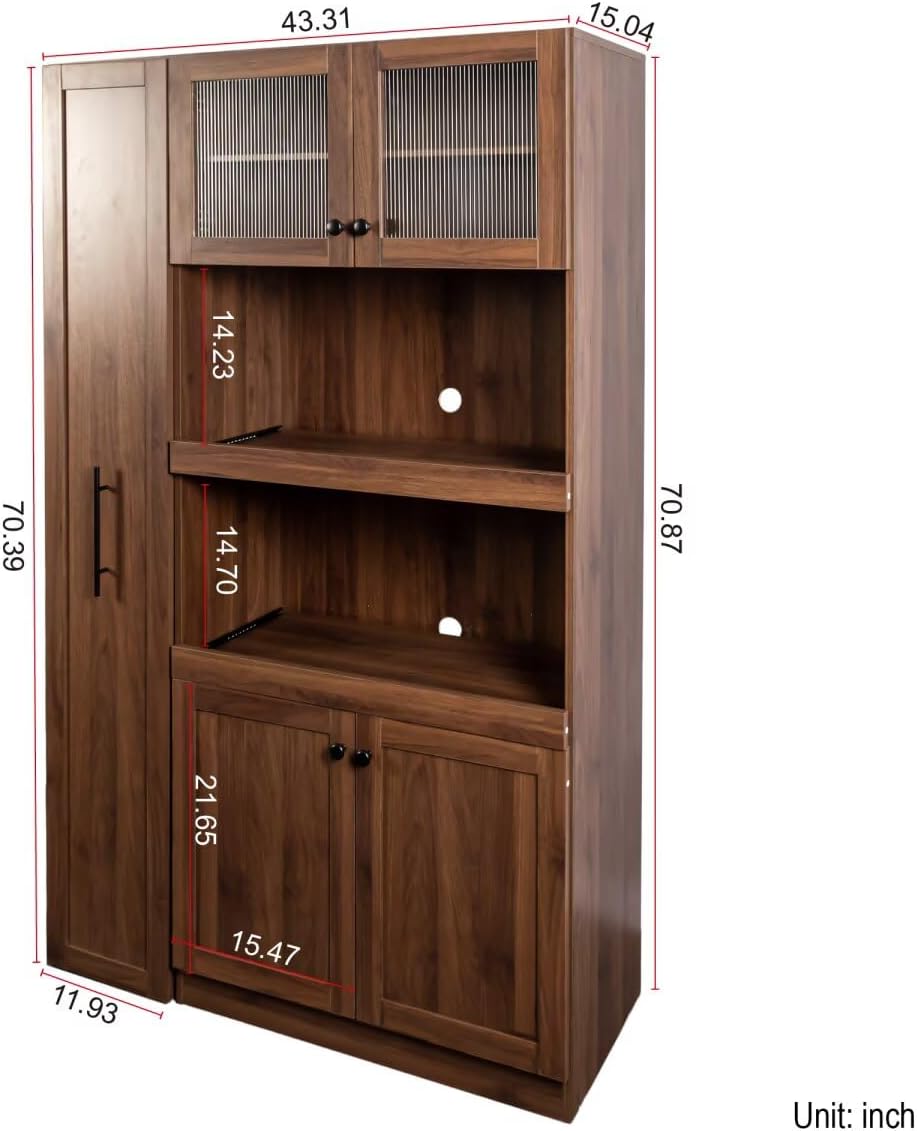 JIJIWANG 70.87" Kitchen Pantry Cabinet with Multi-Functional Pull-Out Multi-Tier Storage Shelf,Farmhouse Storage Cabinet with 4 Doors,Pantry Organizers for Kitchen,Dining Room, Walnut