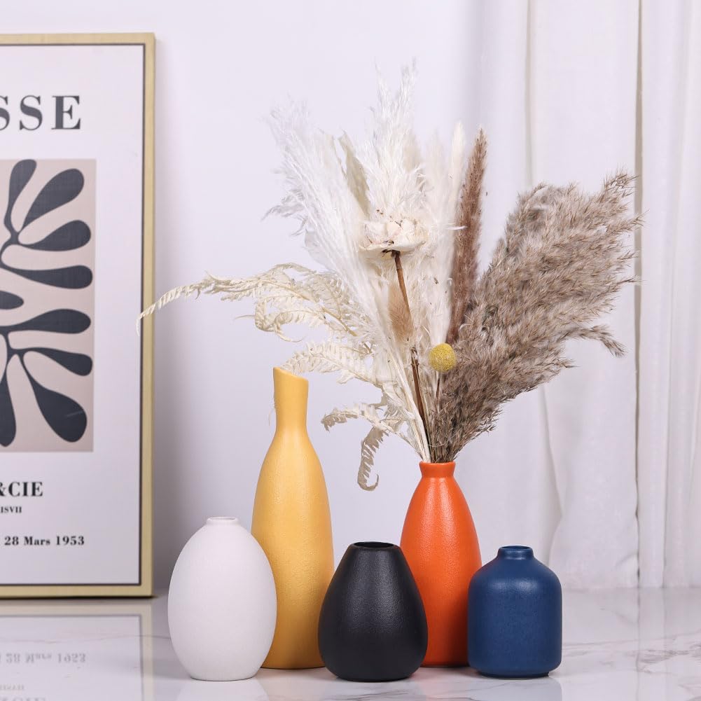 Colorful Ceramic Bud Vases Set of 5 - Multicolor Yellow, Orange, Blue Small Vases for Home Decor - Ideal for Living Room, Kitchen, Office, Bathroom, Mantle, Entrance, Farmhouse & Coffee Table Decor