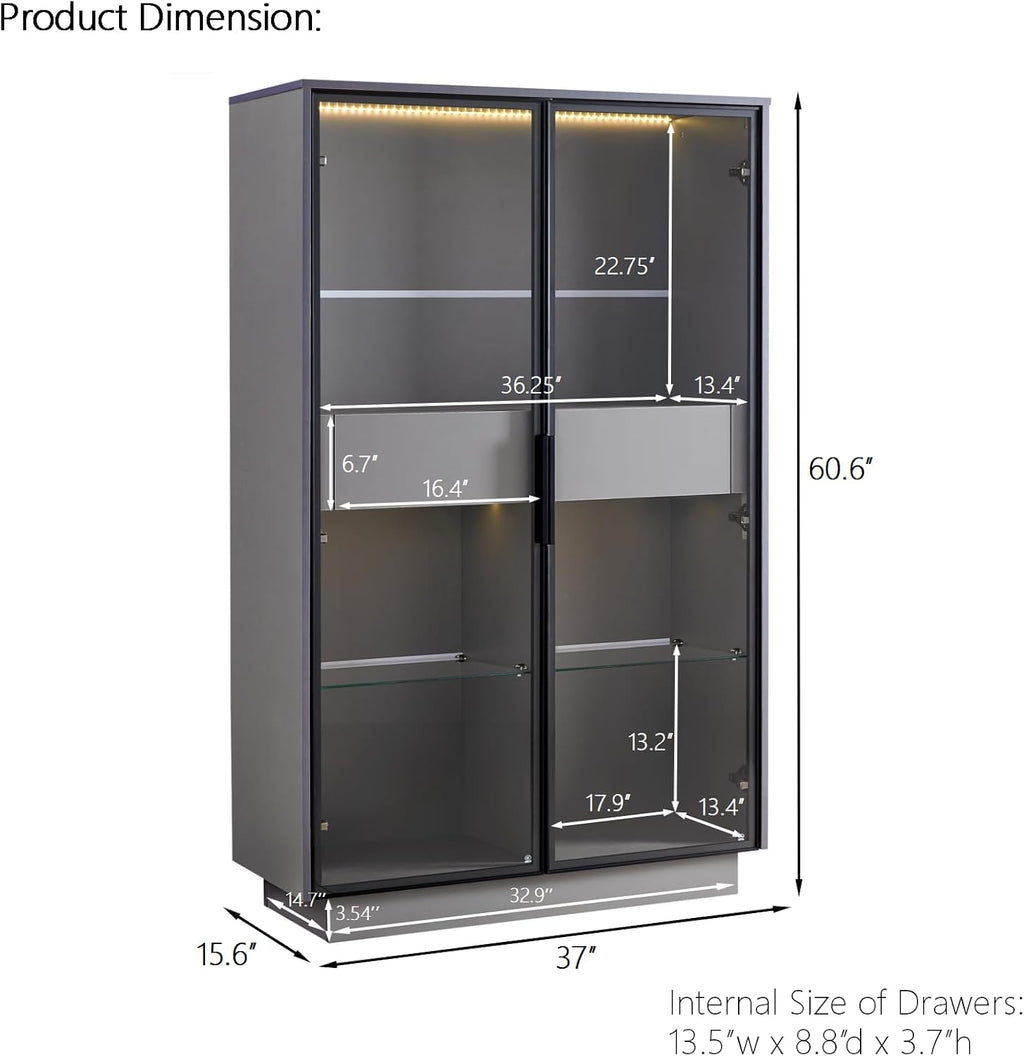 roomfitters 60.6'' Display Cabinet with Glass Doors, Freestanding Pantry Storage Cabinet with Adjustable Shelves for Home, Grey