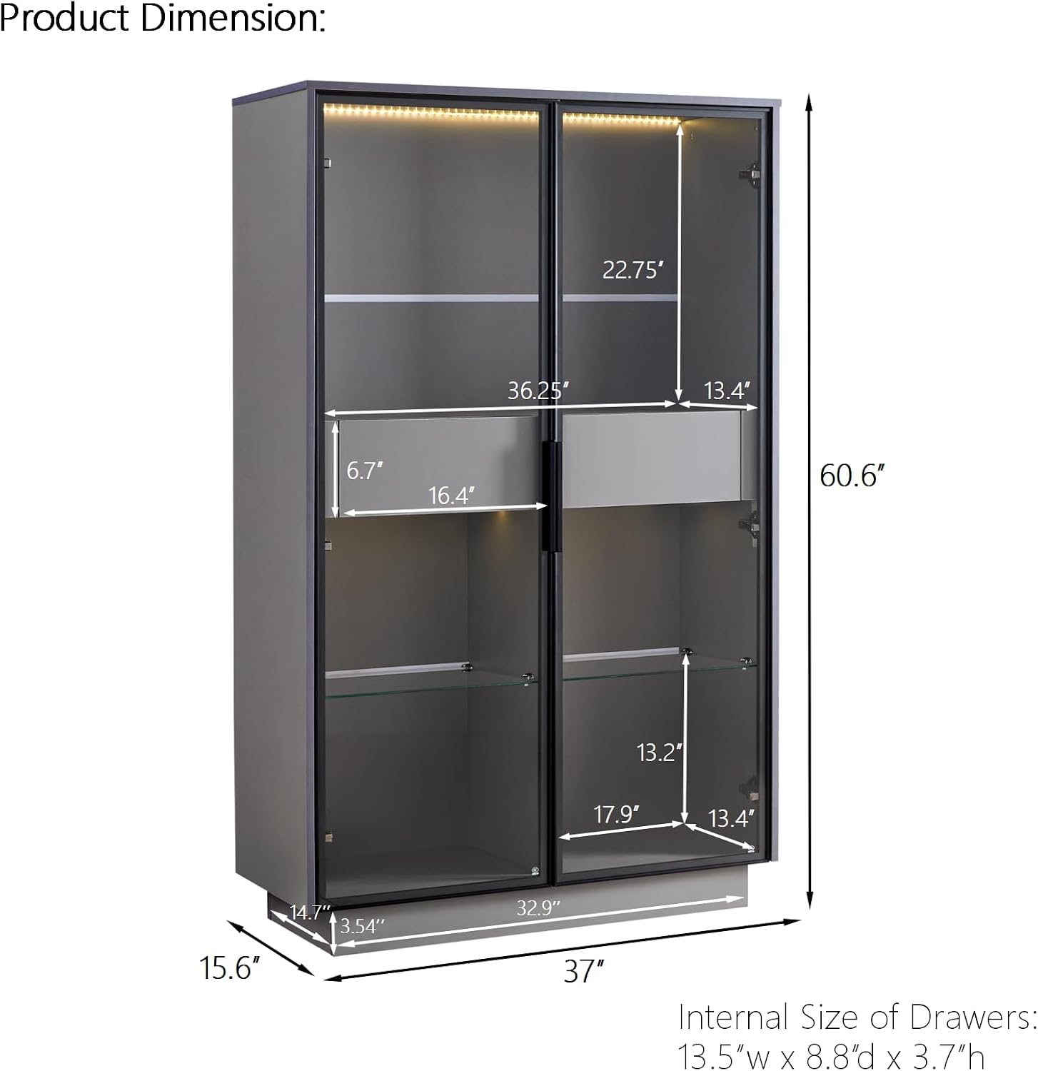 roomfitters 60.6'' Display Cabinet with Glass Doors, Freestanding Pantry Storage Cabinet with Adjustable Shelves for Home, Grey