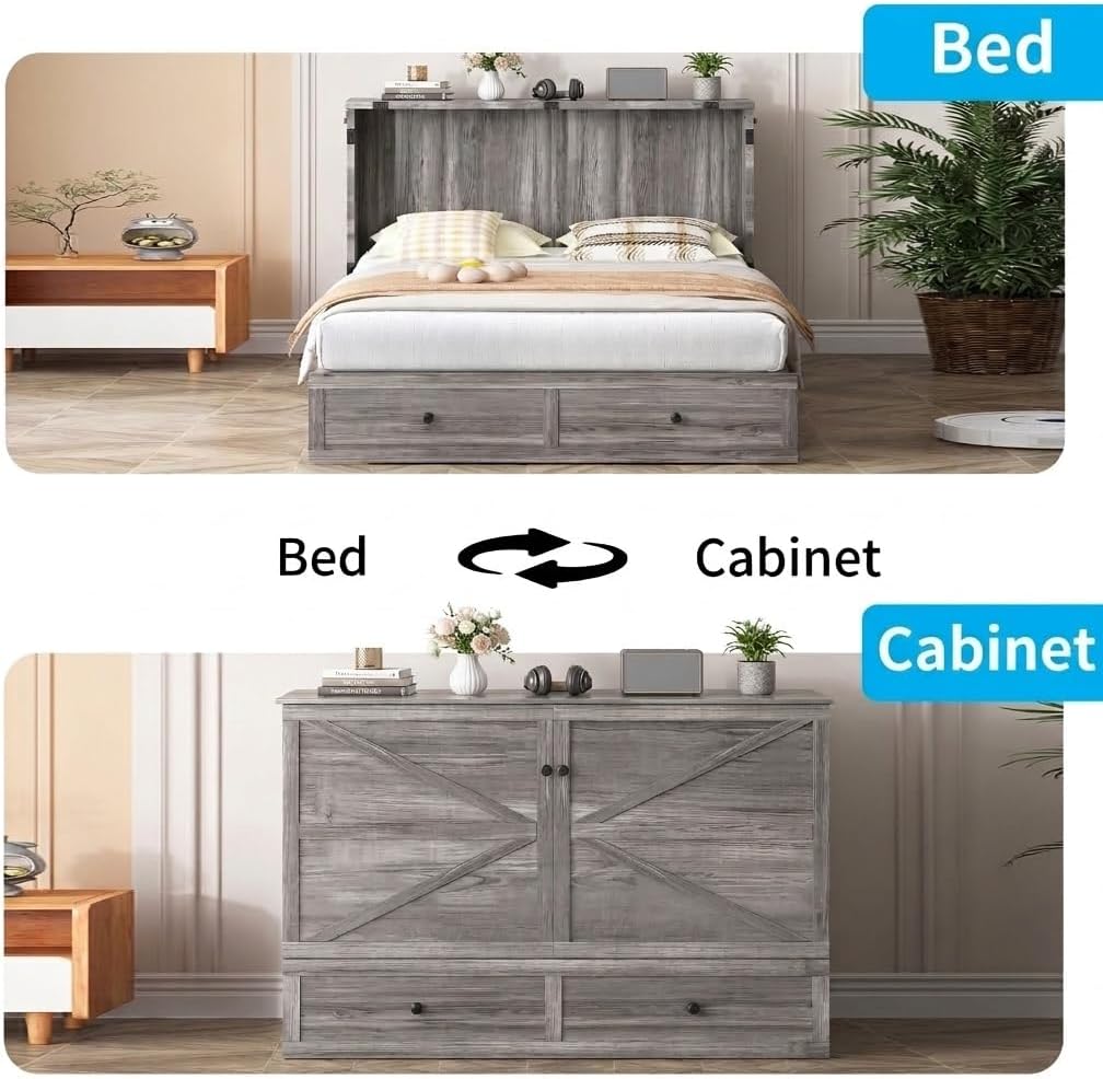 Mjkone Queen Size Murphy Bed with Tri-Folding Mattress, Farmhouse Murphy Cabinet with USB Charging Station, Modern Cabinet Beds with Large Storage Drawers for Living Room Home Office, Gray