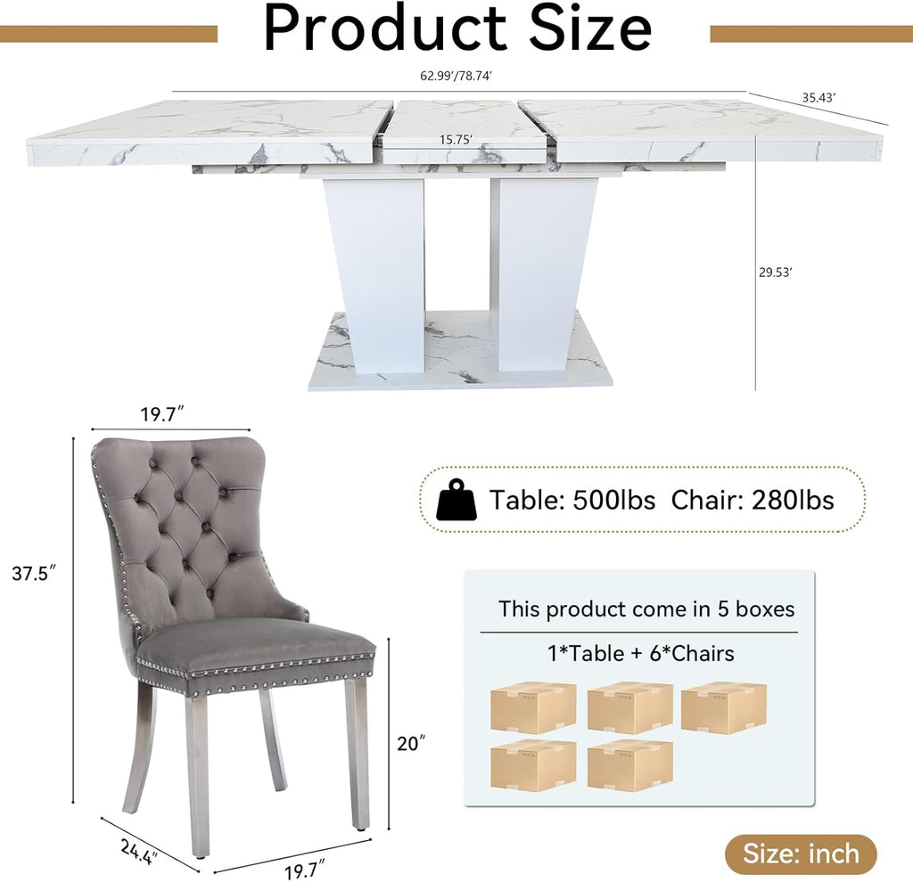Extendable Dining Table Set of 6, White Rustic Kitchen Dining Table & 6 Gray Velvet Dining Chairs with Stainless Leg, 62.99"-78.74" Dining Room Table and Chairs Set, Modern 7 Piece Dining Set
