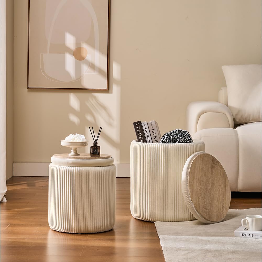 BLEXA Round Set of 2 Ottoman with Storage-Upholstered Velvet Vanity Stool for Makeup Multifunctional Ottomans Coffee Table Padded Seat Foot Rest for Living Room&Bedroom(White)