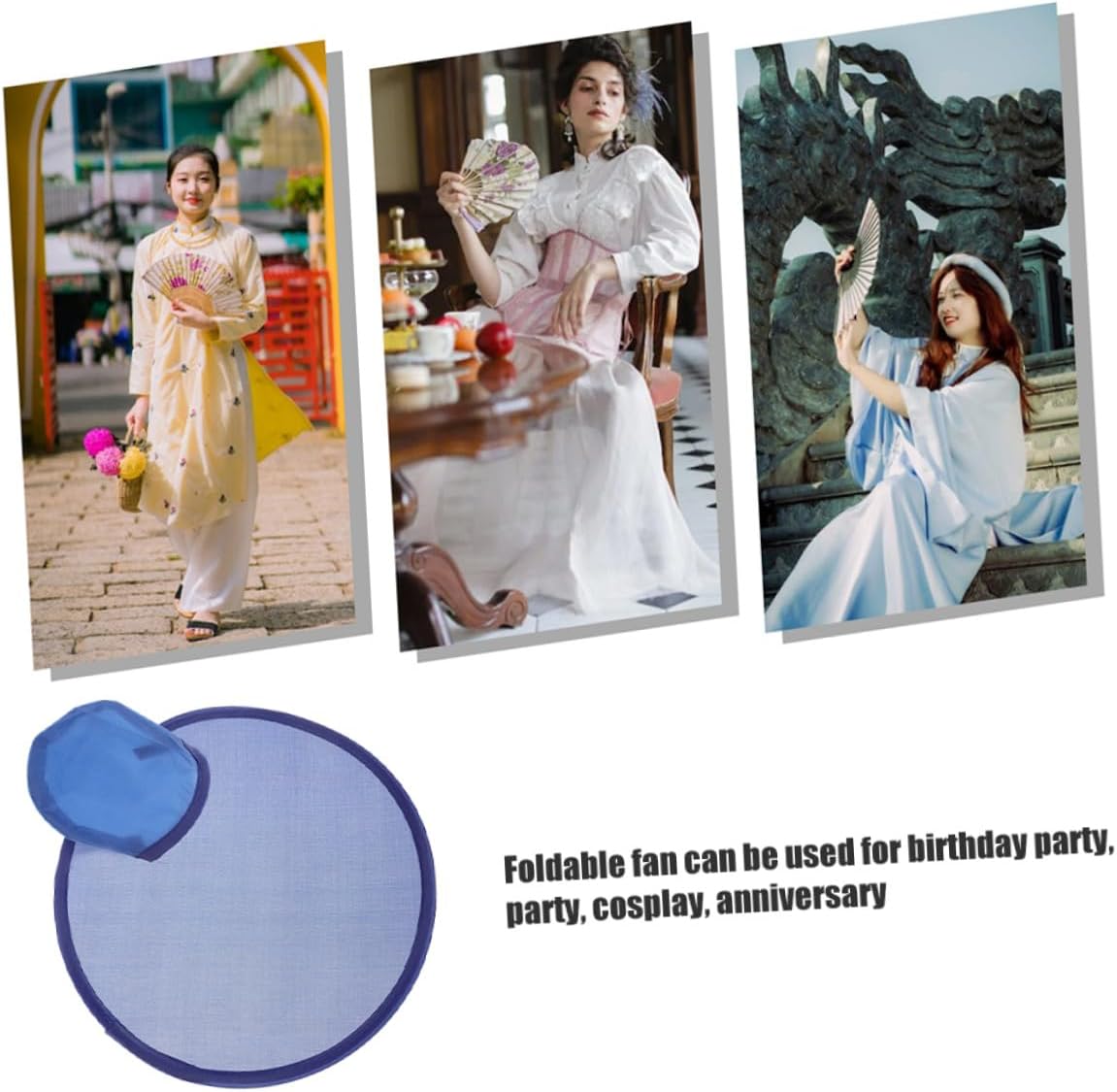 Folding round Hand Fan Portable Collapsible Handheld Fan Navy Blue 25cm for Weddings Summer Party Favor