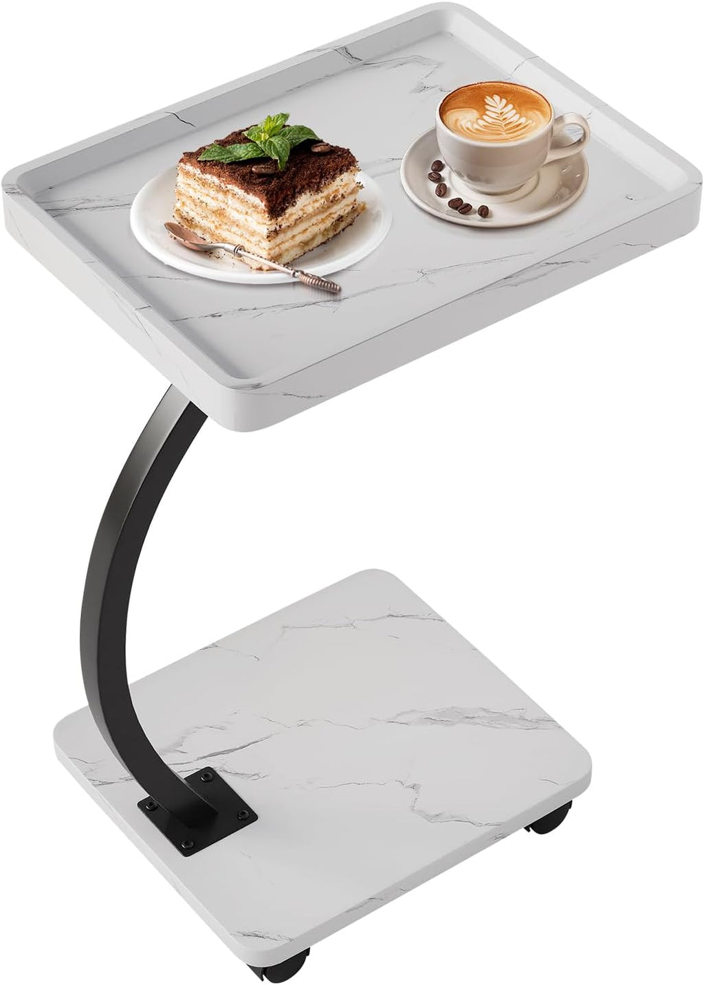C Shaped TV Tray Table, C Shaped End Table for Couch, 2-Tier Rolling Small Side Table, Versatile Bedside & Laptop Desk, Side Table, White