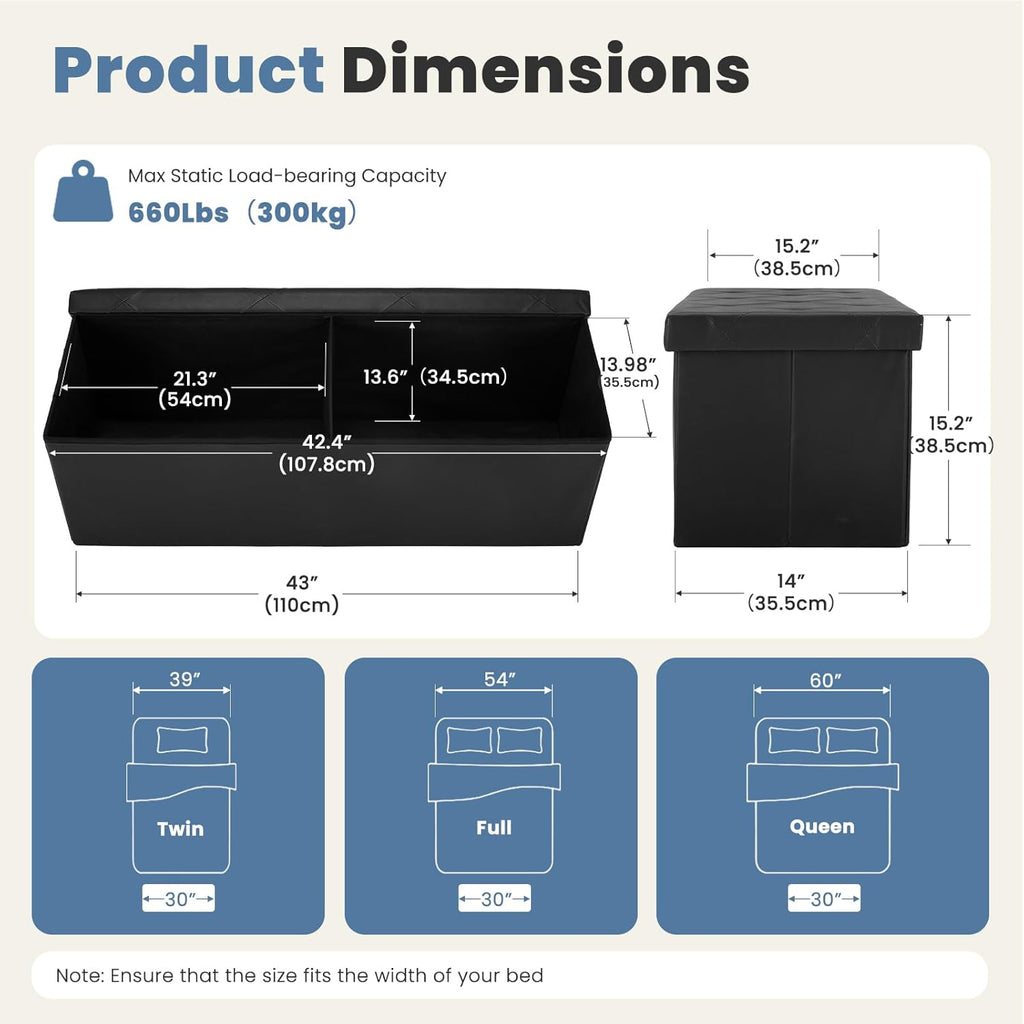 DUMOS 43 Inches Foldable Storage Ottoman Bench, Foot Rest Stool, Synthetic Leather Storage Chest with Thicker Foam Padded Seat for Entryway Living Room, Modern Black
