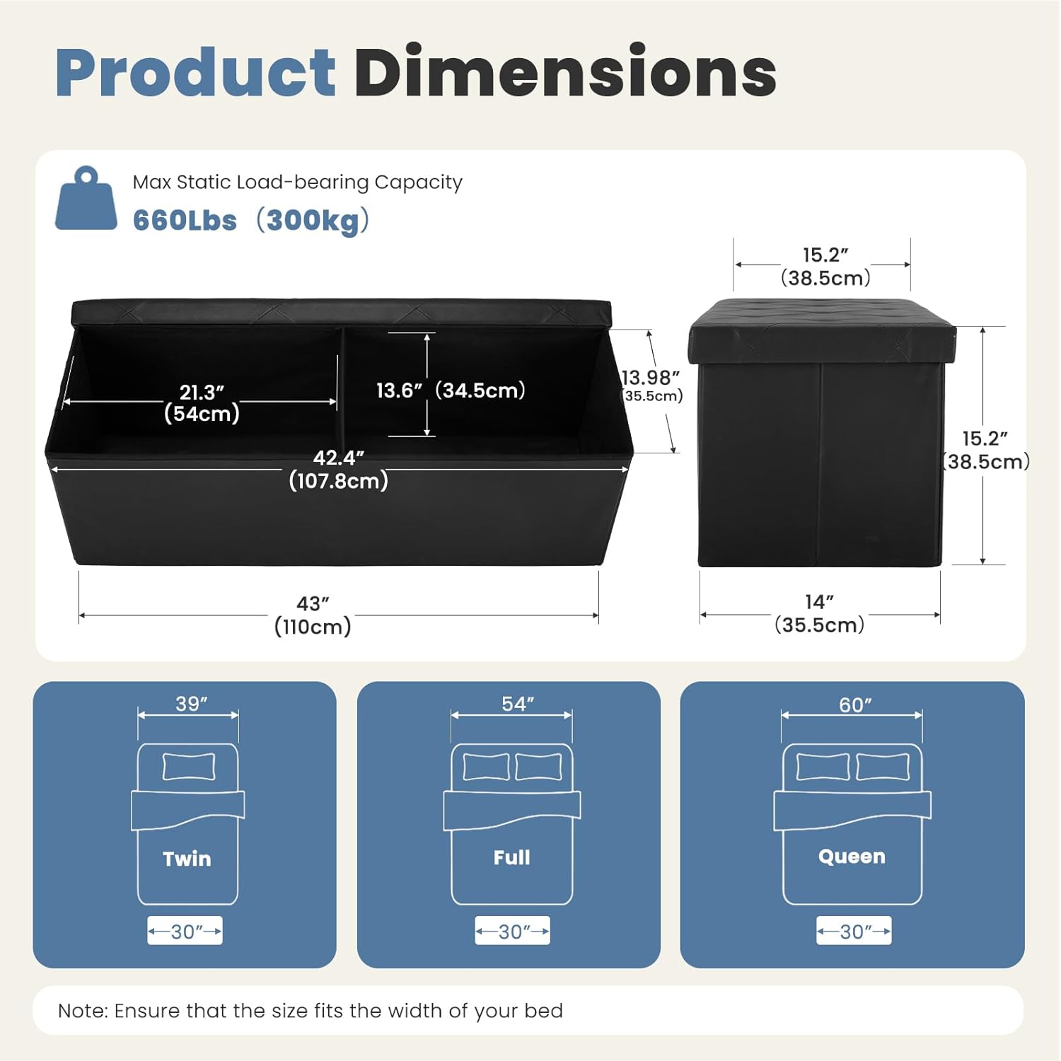 DUMOS 43 Inches Foldable Storage Ottoman Bench, Foot Rest Stool, Synthetic Leather Storage Chest with Thicker Foam Padded Seat for Entryway Living Room, Modern Black
