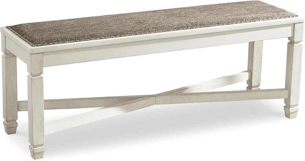 Signature Design by Ashley Bolanburg Casual French Country Upholstered Dining Room Bench with Nailhead Trim, Heavy Woven Fabric, Wood, Antique White & Tan