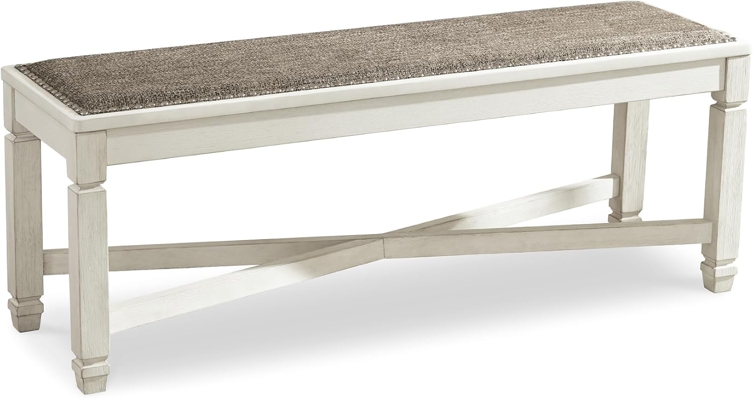 Signature Design by Ashley Bolanburg Casual French Country Upholstered Dining Room Bench with Nailhead Trim, Heavy Woven Fabric, Wood, Antique White & Tan