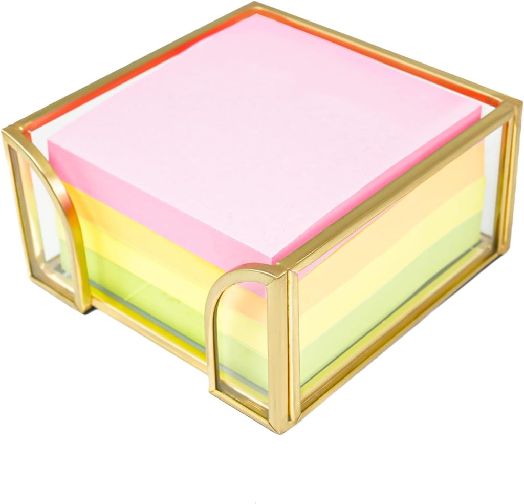 Glass Sticky Note Holder, Gold Post It Note Dispenser for Desk,3 x 3 Inch Post It Note Holder,Stylish Sticky Note Dispenser for Home Office Desk