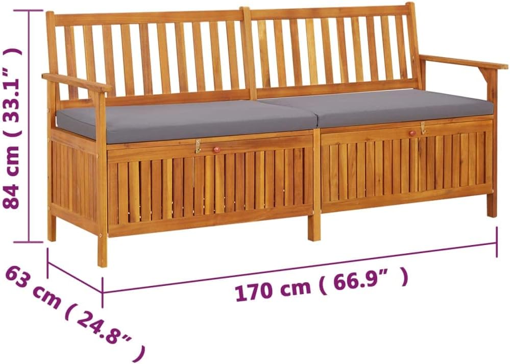 Patio Wood Storage Bench with Seat Cushion, Outdoor Wooden Storage Bench with Comfort Backrest for Porch Backyard Poolside,-887