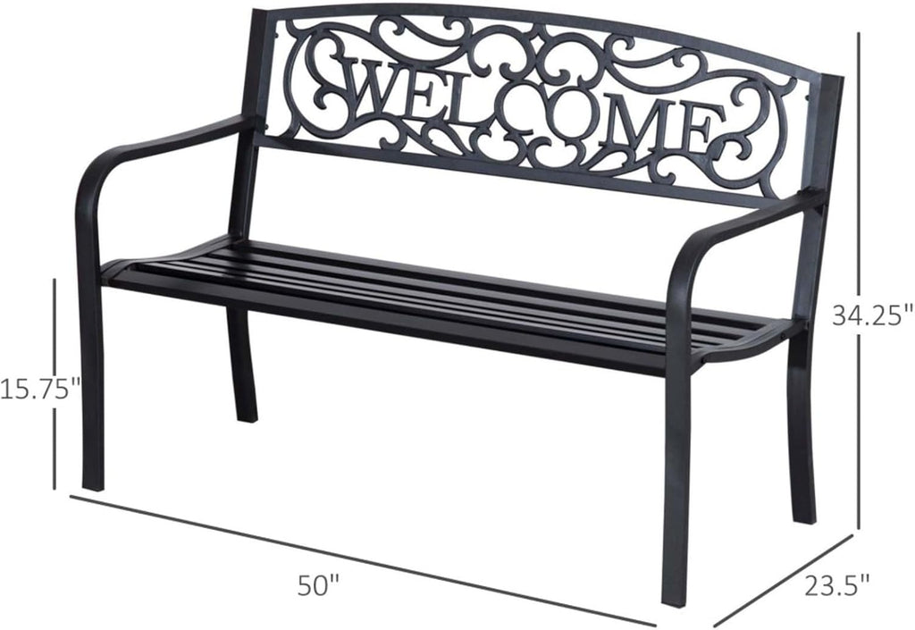 Hassyee Modern Garden Bench Loveseat with Cast Iron Decorative Welcome Vines, Outdoor Seating Benches for Lawn, Park and Backyard