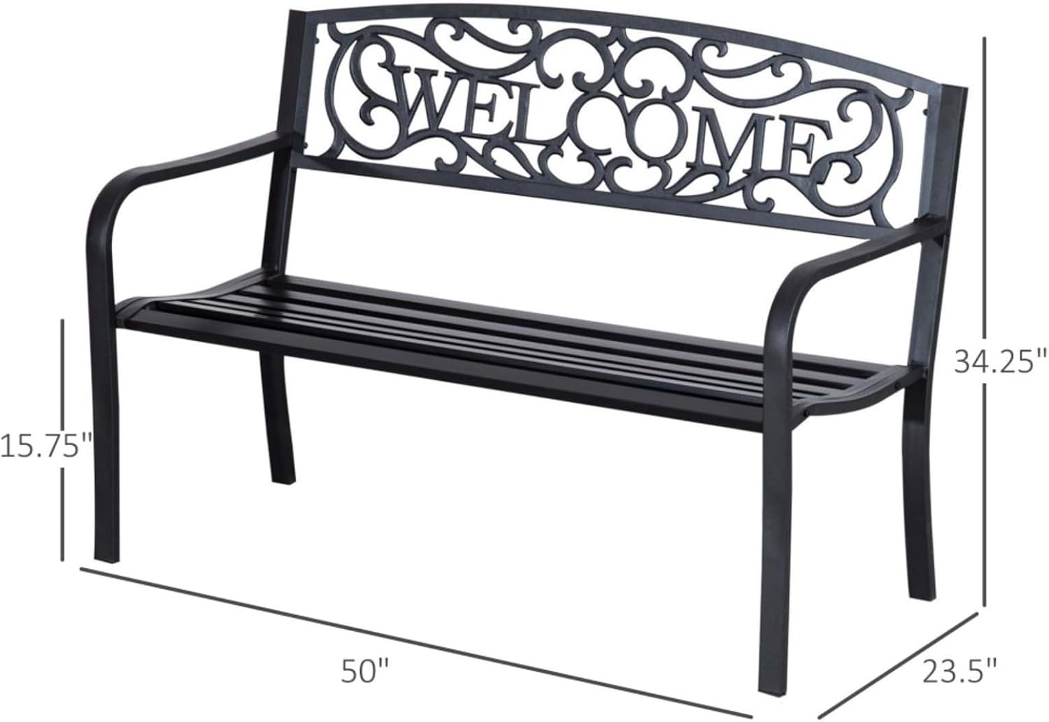 Hassyee Modern Garden Bench Loveseat with Cast Iron Decorative Welcome Vines, Outdoor Seating Benches for Lawn, Park and Backyard