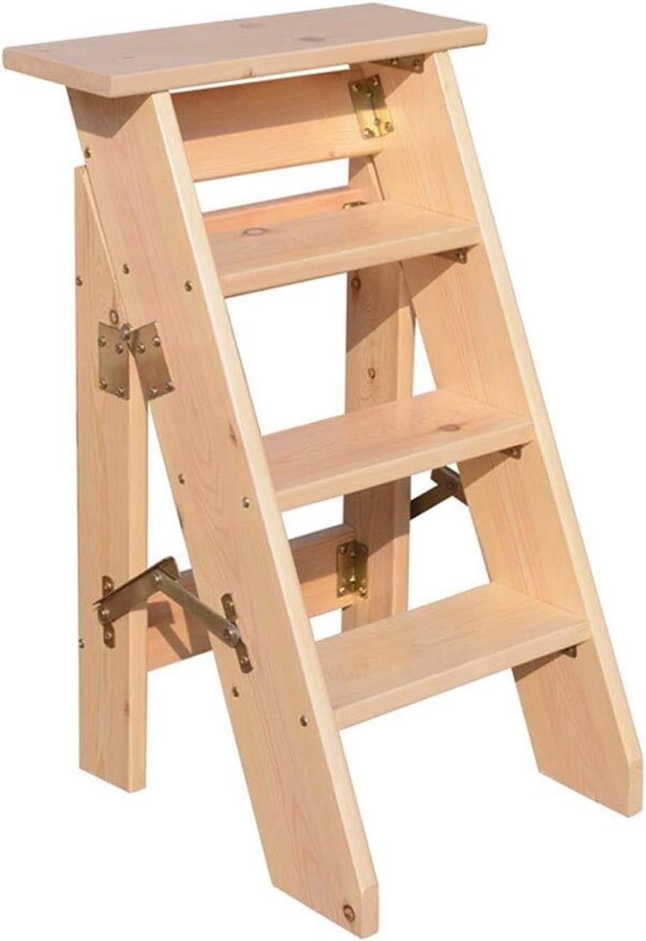 Step Stool Natural Foldable Step Ladder 4 Steps - Lightweight Wooden Stool with Dual-Use Tread & Staircase Chair for Home & Library