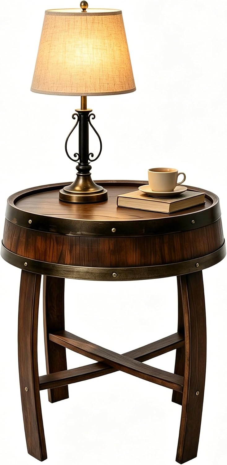 Rustic Round End Table, Whiskey Barrel End Table, Handcrafted Solid Farmhouse Side Table, 22.2" Dark Oak Accent Table for Living Room, Bedroom & Home Bar