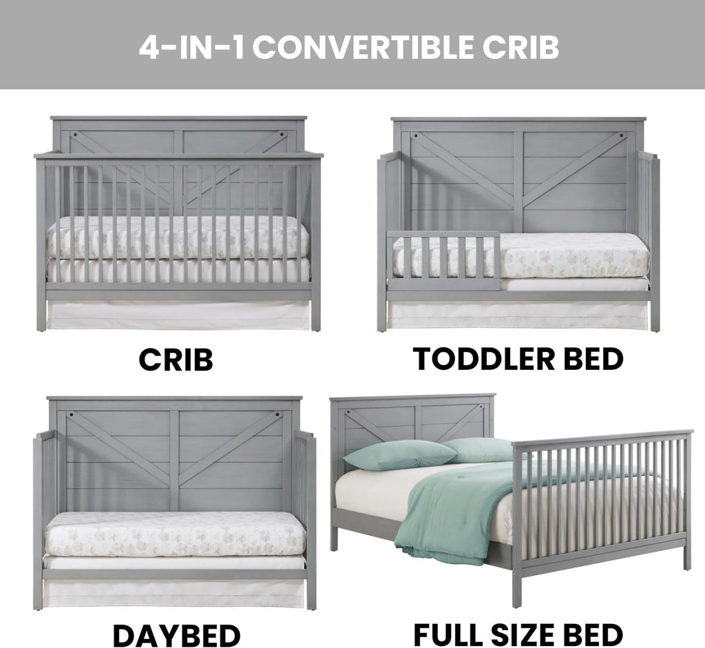 Oxford Baby Montauk 4-in-1 Convertible Crib, Farmhouse Gray, GreenGuard Gold Certified