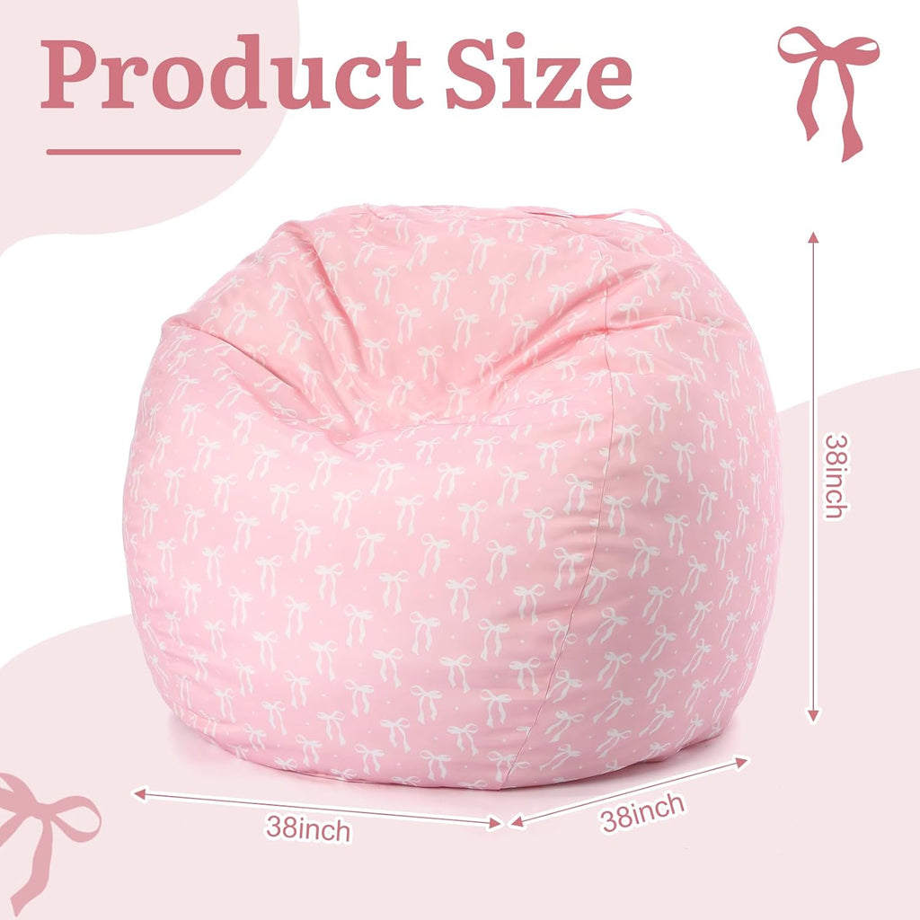 Pink Bow Bean Bag Cover for Kids 38 Inch Stuffed Animal Storage Bean Bag Chair Cotton Canvas Toy Storage Large Capacity Plush Toy Organizer for Playroom Bedroom Nursery