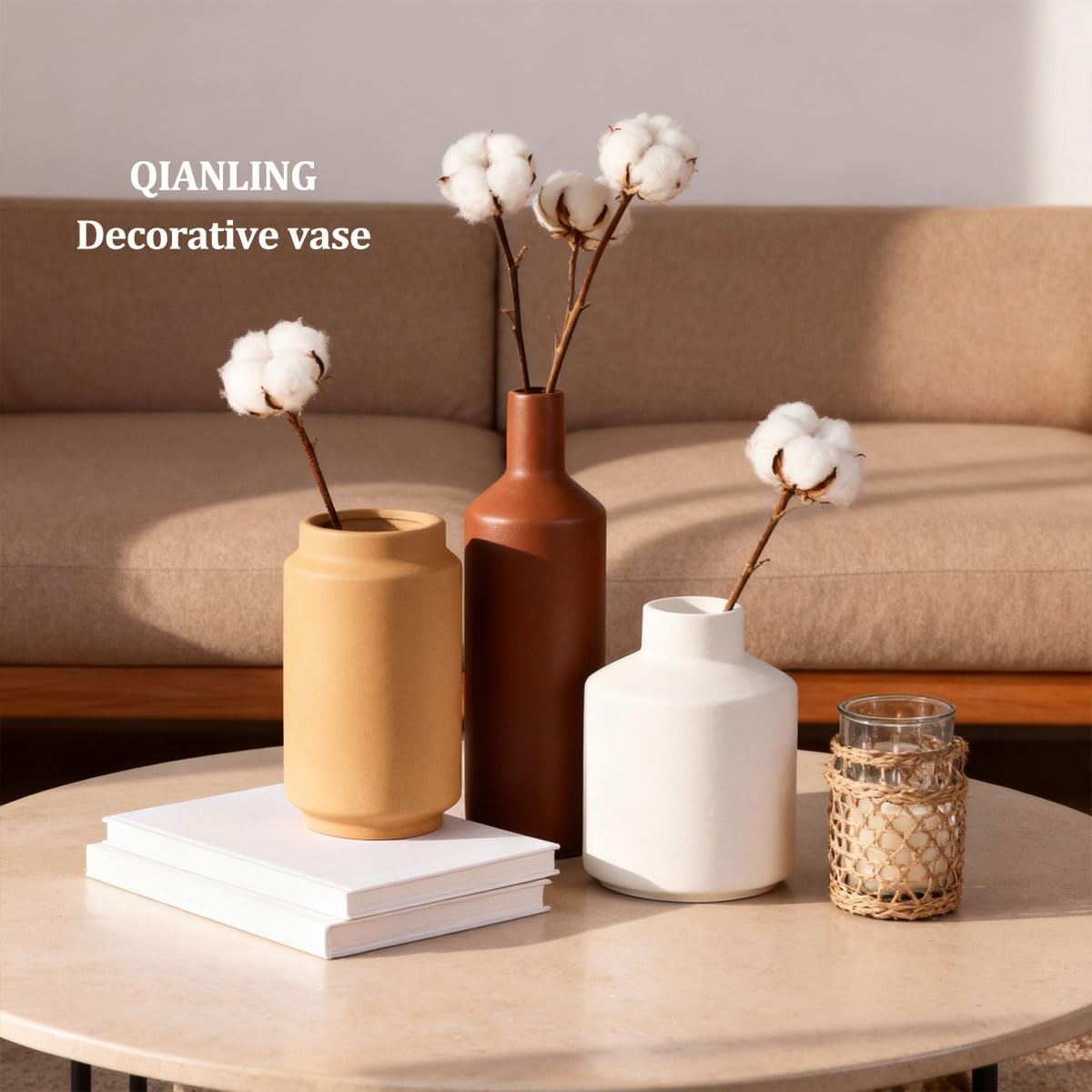 Ceramic Vase Set of 3 - Modern Neutral Vases Home Decor, Minimalism Decorative Vases, Boho Decor Small Flower Vase for Shelf, Dining Table Entryway Mantel Centerpiece Bookshelf Living Room Bathroom