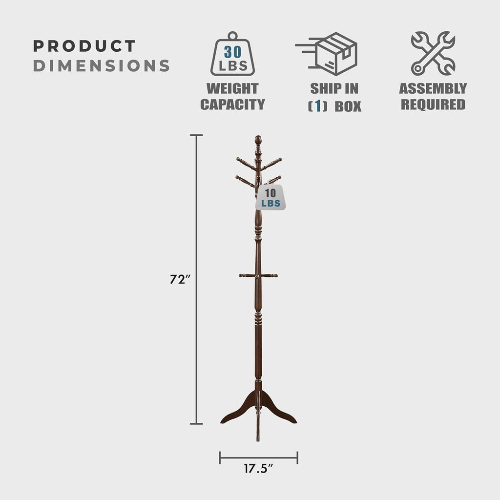 Lexicon Sturdy Solid Wood Coat Rack Stand with 10 Hanging Hooks for Hats,Scarves, Handbags, 3-Tier Wooden Coat Rack Freestanding Tree Used in Bedroom, Entryway, Hallway, Office, Dark Brown
