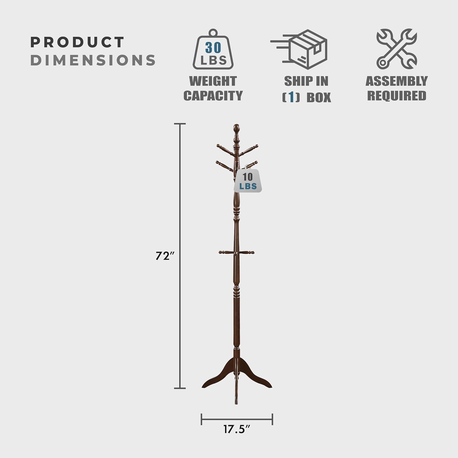 Lexicon Sturdy Solid Wood Coat Rack Stand with 10 Hanging Hooks for Hats,Scarves, Handbags, 3-Tier Wooden Coat Rack Freestanding Tree Used in Bedroom, Entryway, Hallway, Office, Dark Brown
