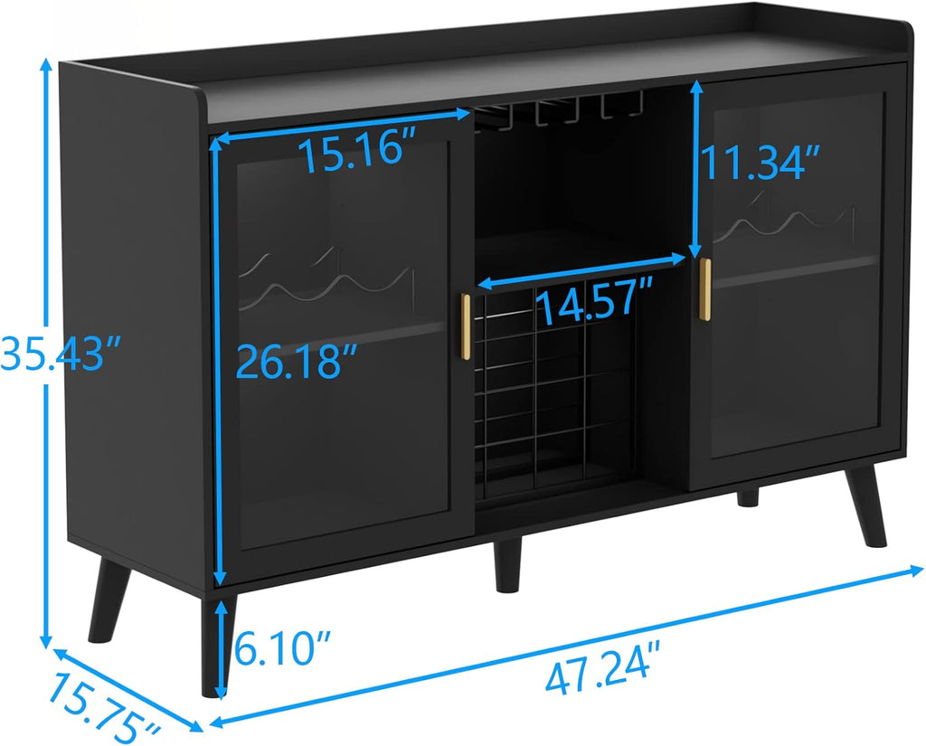 Auromie Wine Bar Cabinet with Led Light, Home Coffee Cabinet with Wine and Glass Rack, Kitchen Buffet Sideboard with Storage Shelves, Freestanding Liquor Cabinet for Living Room, Dining Room (Black)