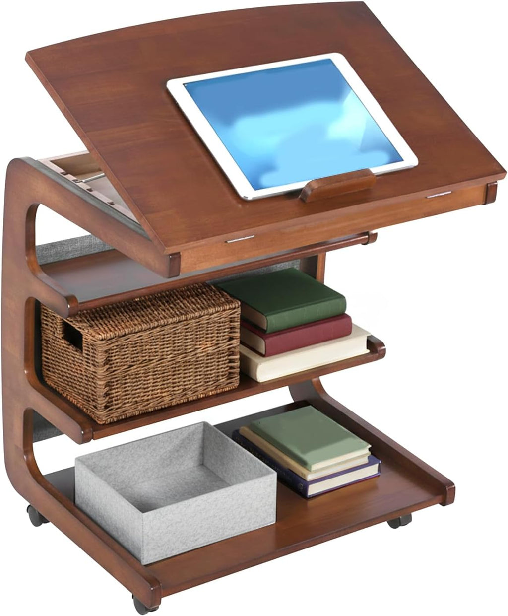 Multi-Layer Storage Rolling Side Table, C Shaped Couch End Table with Edge Stopper & Side Pocket, Mobile Wooden Bedside TV Tray Desk - 23.66" W*18.46" D*24.8" H