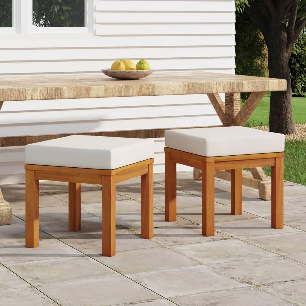 Solid Acacia Wood Garden Stools with Cushions 2 Pcs, 15.7x15.7x16.5 Inch Outdoor Stools for Patio Terrace