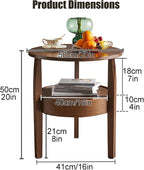 2-Tier Solid Wood End Table with Drawer,Vintage End Table with Storage,Round Side Tables,Natural Solid Wood Nightstand,Mid-Century Modern End Tables for Living Room,Bedroom,Brown,19.6in