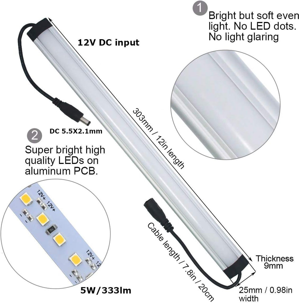 Litever Extra Under Cabinet Lighting Bars,12VDC, 5000K Daylight White, with Mounting Clips, Screws, Self-Adhesive Pads. Compatible LL-008 Series ONLY-[2-Pack-5000K]