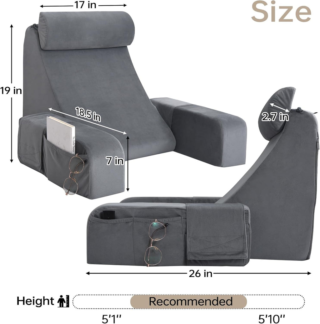 ENITYA Back Pillow for Bed Sitting Up,Reading Pillow with Armrests & Big Pockets for Adults,Upright Pillow for Resting,Watching TV,Nursing,Recovery,Gaming,Grey
