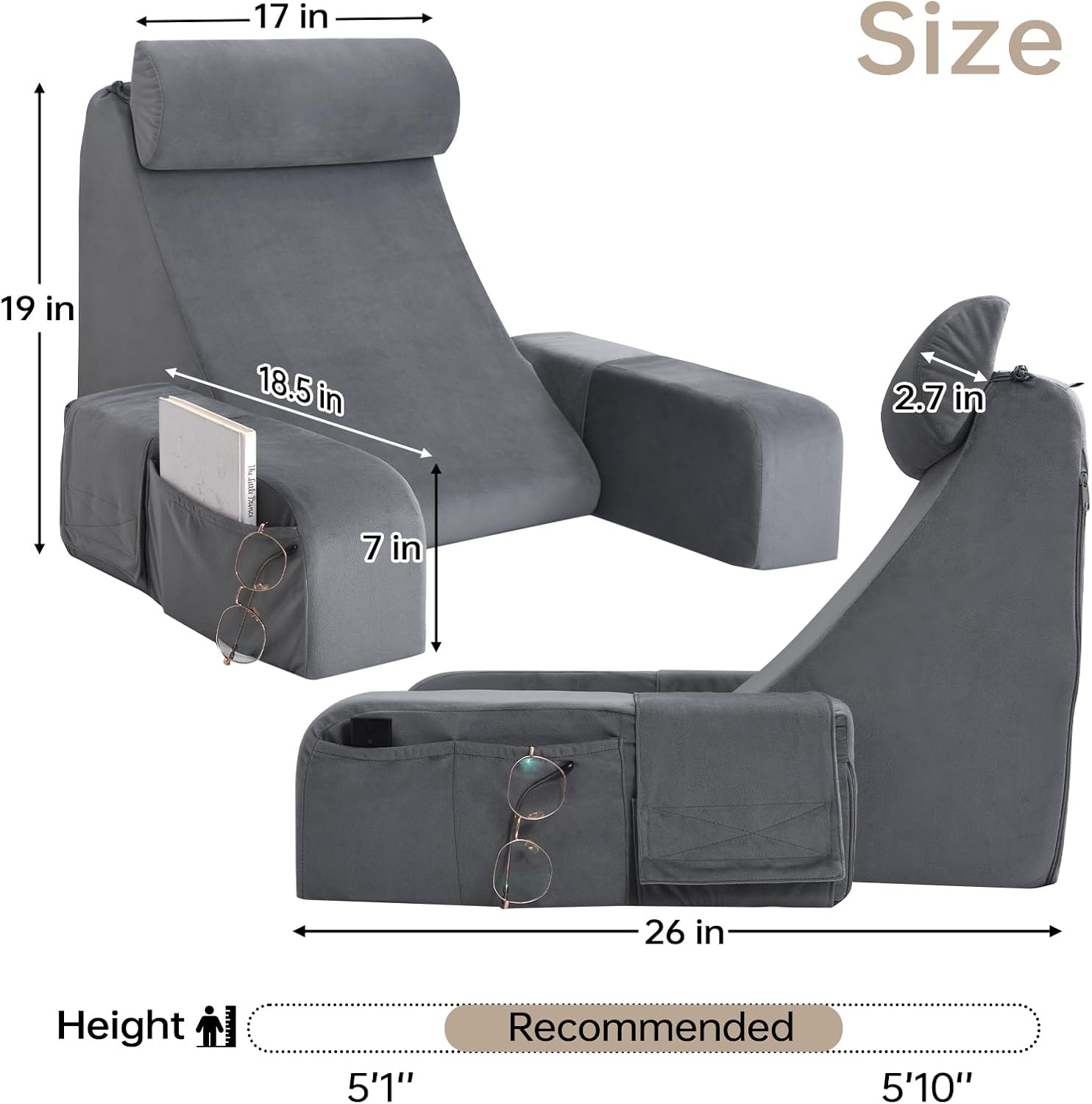 ENITYA Back Pillow for Bed Sitting Up,Reading Pillow with Armrests & Big Pockets for Adults,Upright Pillow for Resting,Watching TV,Nursing,Recovery,Gaming,Grey