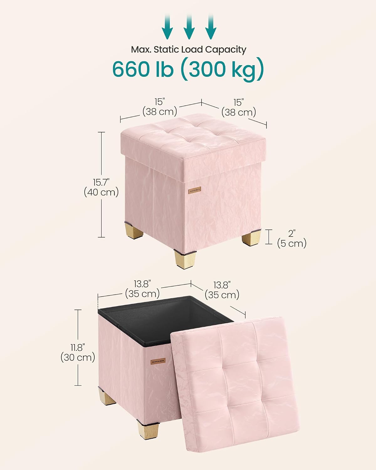 SONGMICS Storage Ottoman, Textured PU Leather Footstool with Legs, Footrest with Cushion, for Living Room and Bedroom, 15 x 15 x 15.7 Inches, Pink, Minota Collection ULSF523WD01