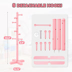 8-Hook Freestanding Wooden Coat Rack 2 Adjustable Heights Pink | Suitable for Bedroom Hallway Entrance Office,Holds Hats Handbags Purses Neatly,Space-Efficient Vertical Stand