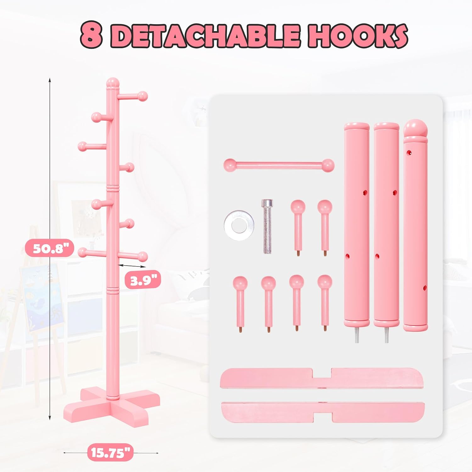 8-Hook Freestanding Wooden Coat Rack 2 Adjustable Heights Pink | Suitable for Bedroom Hallway Entrance Office,Holds Hats Handbags Purses Neatly,Space-Efficient Vertical Stand