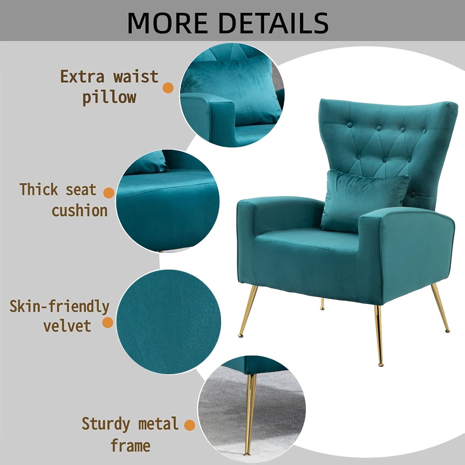 Button-Tufted Velvet Accent Chairs Set of 2, Mid Century Modern Living Room Chair with High Wingback, Upholstered Arm Chair with Metal Gold Legs for Bedroom, Club, Teal Blue