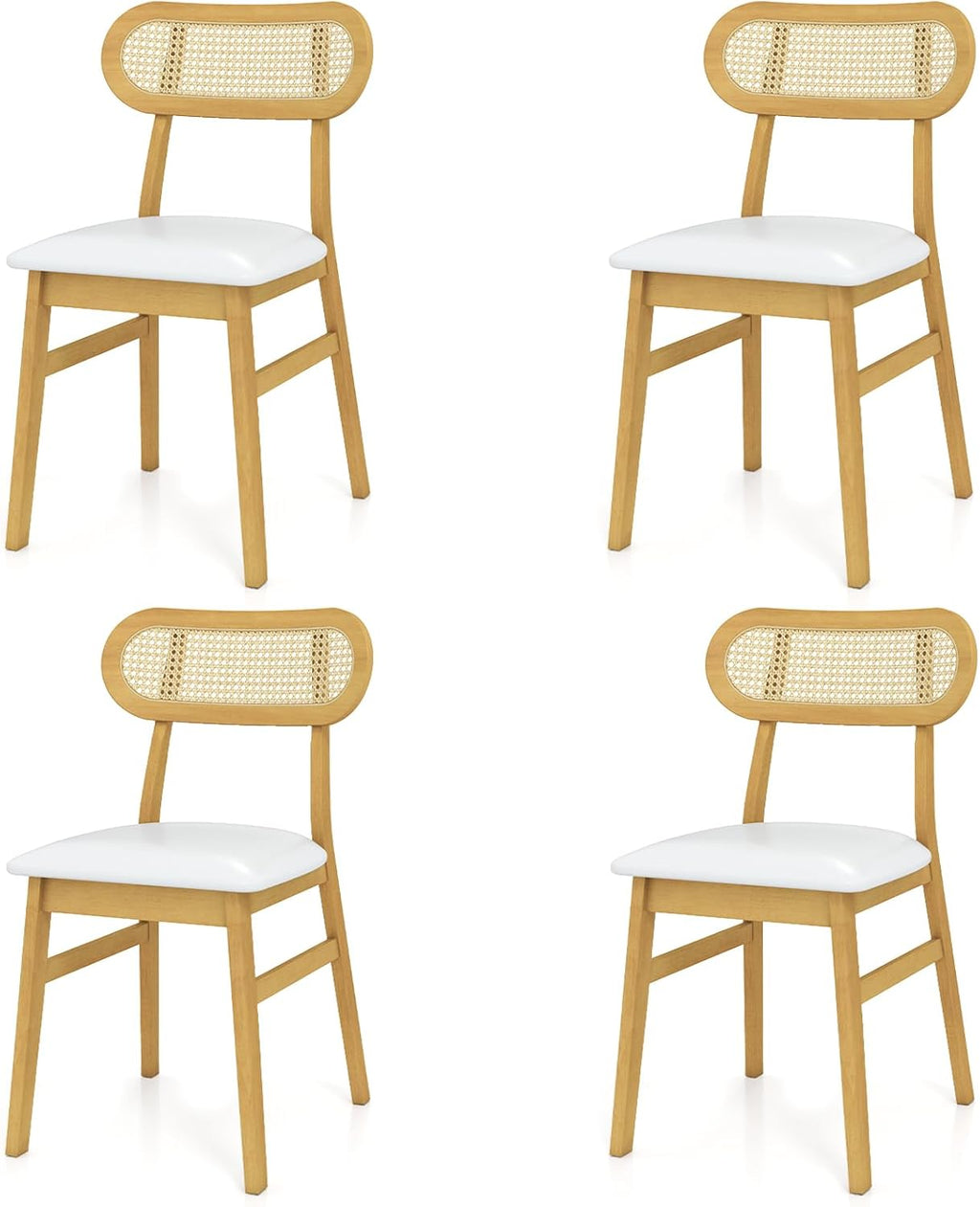 GOFLAME Wooden Dining Chairs Set of 4, Mid-Century Modern Kitchen Chairs with Upholstered Seat & Rattan Backrest, Faux Leather Cover, Armless Side Chairs for Dining Room, Restaurant, White