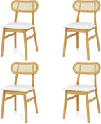 GOFLAME Wooden Dining Chairs Set of 4, Mid-Century Modern Kitchen Chairs with Upholstered Seat & Rattan Backrest, Faux Leather Cover, Armless Side Chairs for Dining Room, Restaurant, White