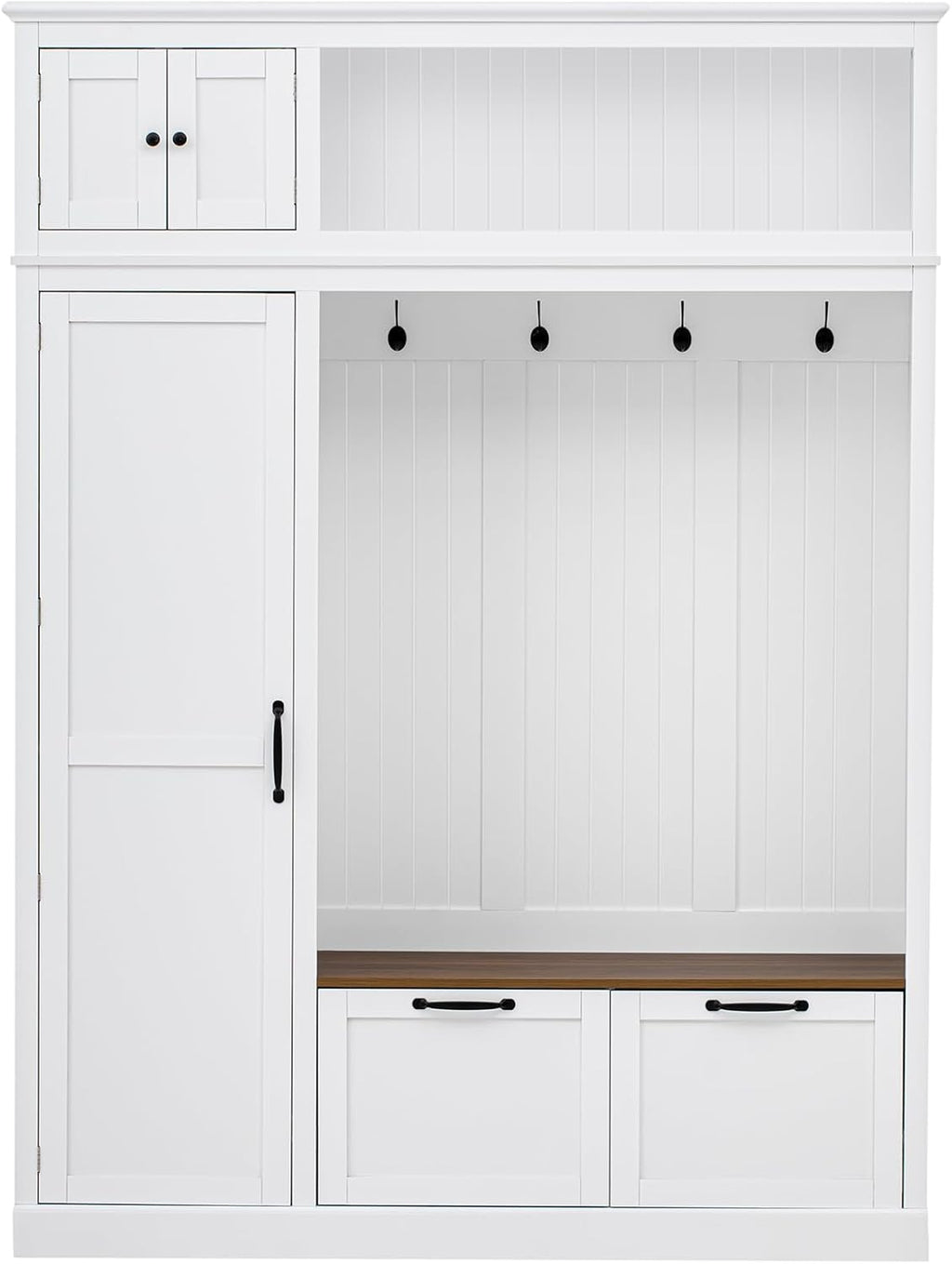 VilroCaz Versatile Wide Hall Tree with Storage Cabinet, Adjustable Side Shelves, Doors and 4 Hooks, Brown Wood Grain Shoe Bench with 2 Drawers, Entryway Coat Rack for Living Room Hallway (White-3.19)