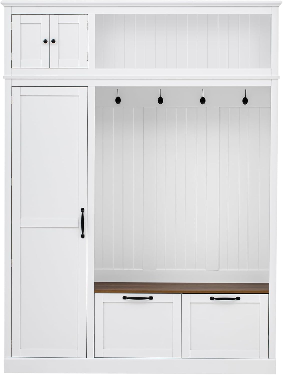 VilroCaz Versatile Wide Hall Tree with Storage Cabinet, Adjustable Side Shelves, Doors and 4 Hooks, Brown Wood Grain Shoe Bench with 2 Drawers, Entryway Coat Rack for Living Room Hallway (White-3.19)