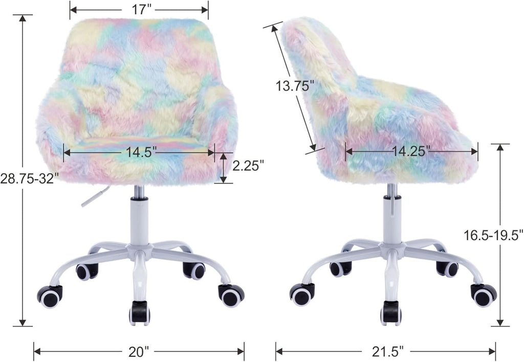 Ya-Home Kids Desk Chair Faux Fur Upholstered Swivel Reading Chair, Cute Adjustable Study Chair with White Wheels for Reading Room Bedroom, Rainbow Color