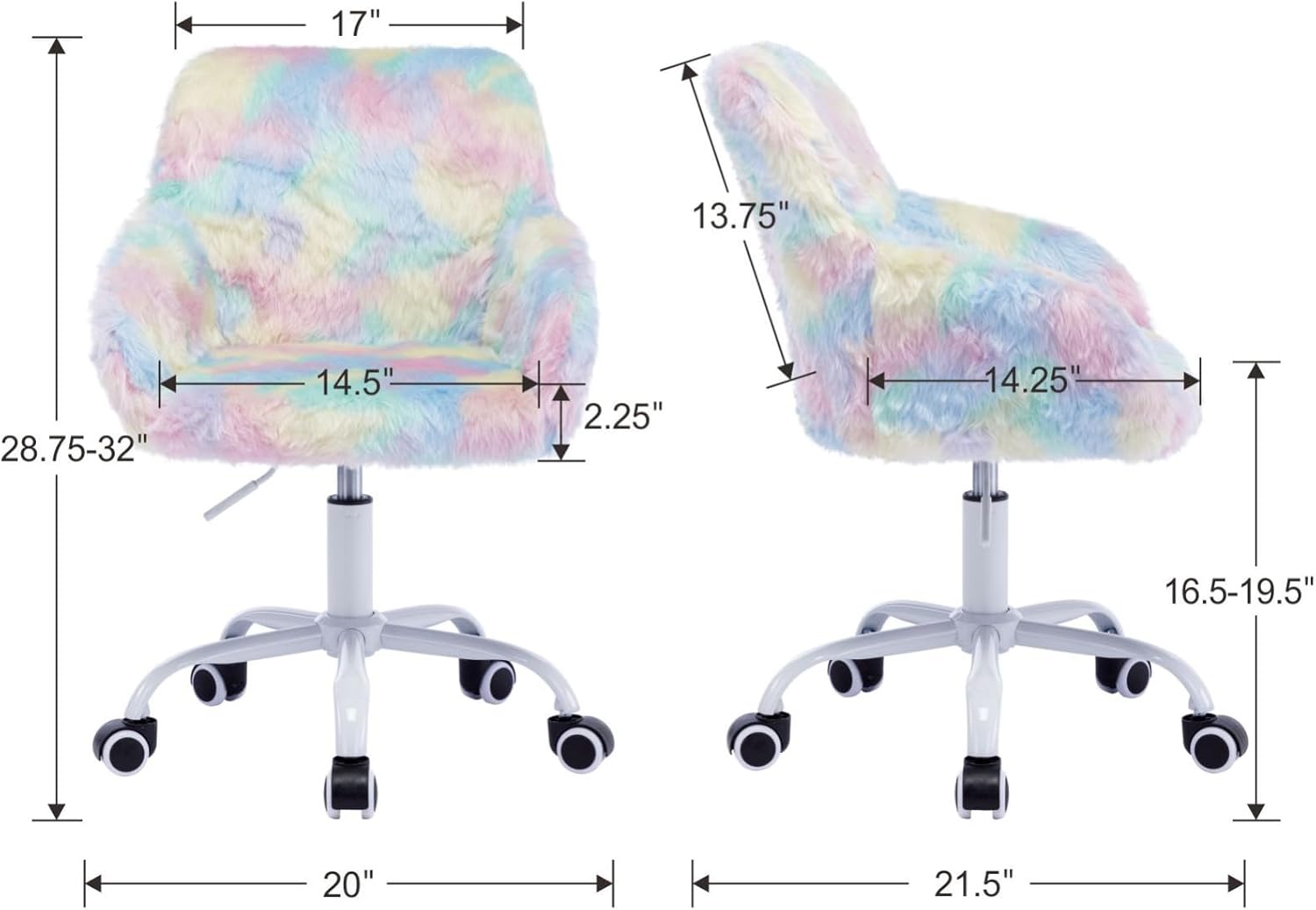 Ya-Home Kids Desk Chair Faux Fur Upholstered Swivel Reading Chair, Cute Adjustable Study Chair with White Wheels for Reading Room Bedroom, Rainbow Color