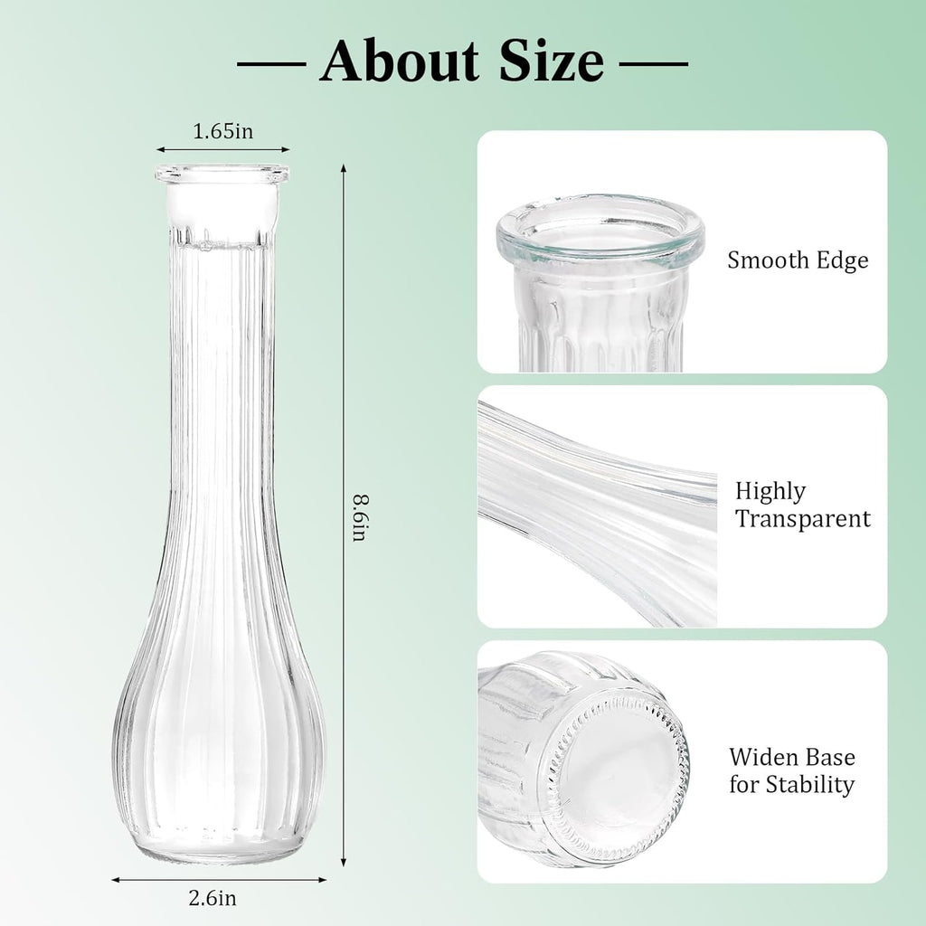 Glass Bud Vases for Centerpiece,12 Pcs Small Clear Ribbed Flower Vases for Weddings, Parties, Home Decor (8.5" Tall, Bulk Set) - Minimalist Table Vase for Roses, Pampas Grass, DIY Arrangements
