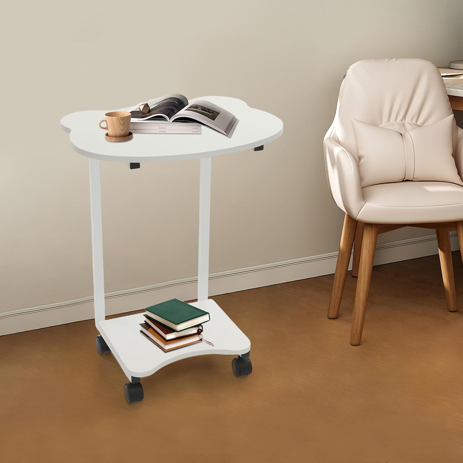 Mobile Side Table with Wheels, 2-Tier Lockable Rolling End Table for Sofa & Bedside, Modern Panda Shape C Table with Storage Shelf, for Living Room, Bedroom (White)