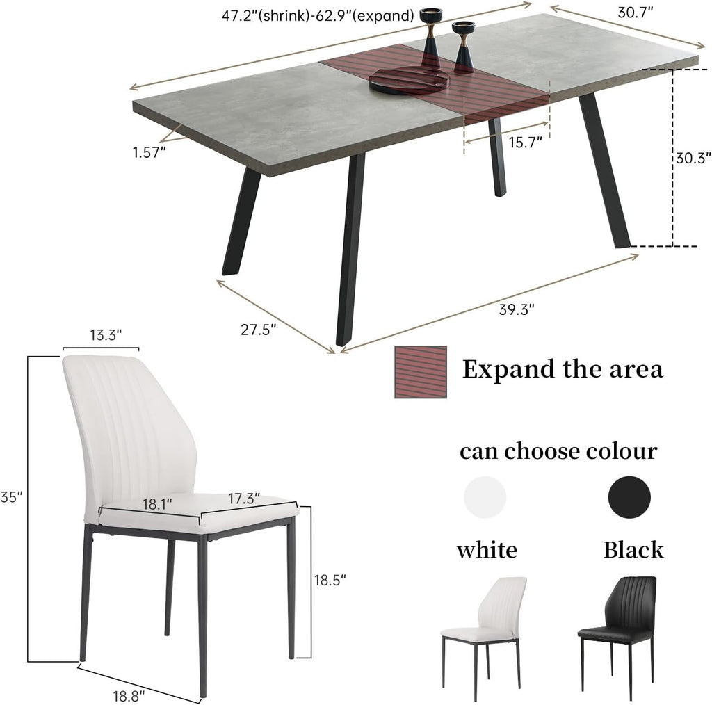 Zerifevni 47.2"- 62.9" Extendable Dining Table Set for 6, Modern Kitchen Table with 6 PU Leather Chairs, Thickened Expandable MDF Wooden Table with Metal Legs for Dining Room, Kitchen, Office
